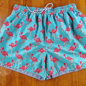 Panama Jack Mens Swim Trunks Teal Pink Flamingo Print Mesh Liner XL 4in Inseam
